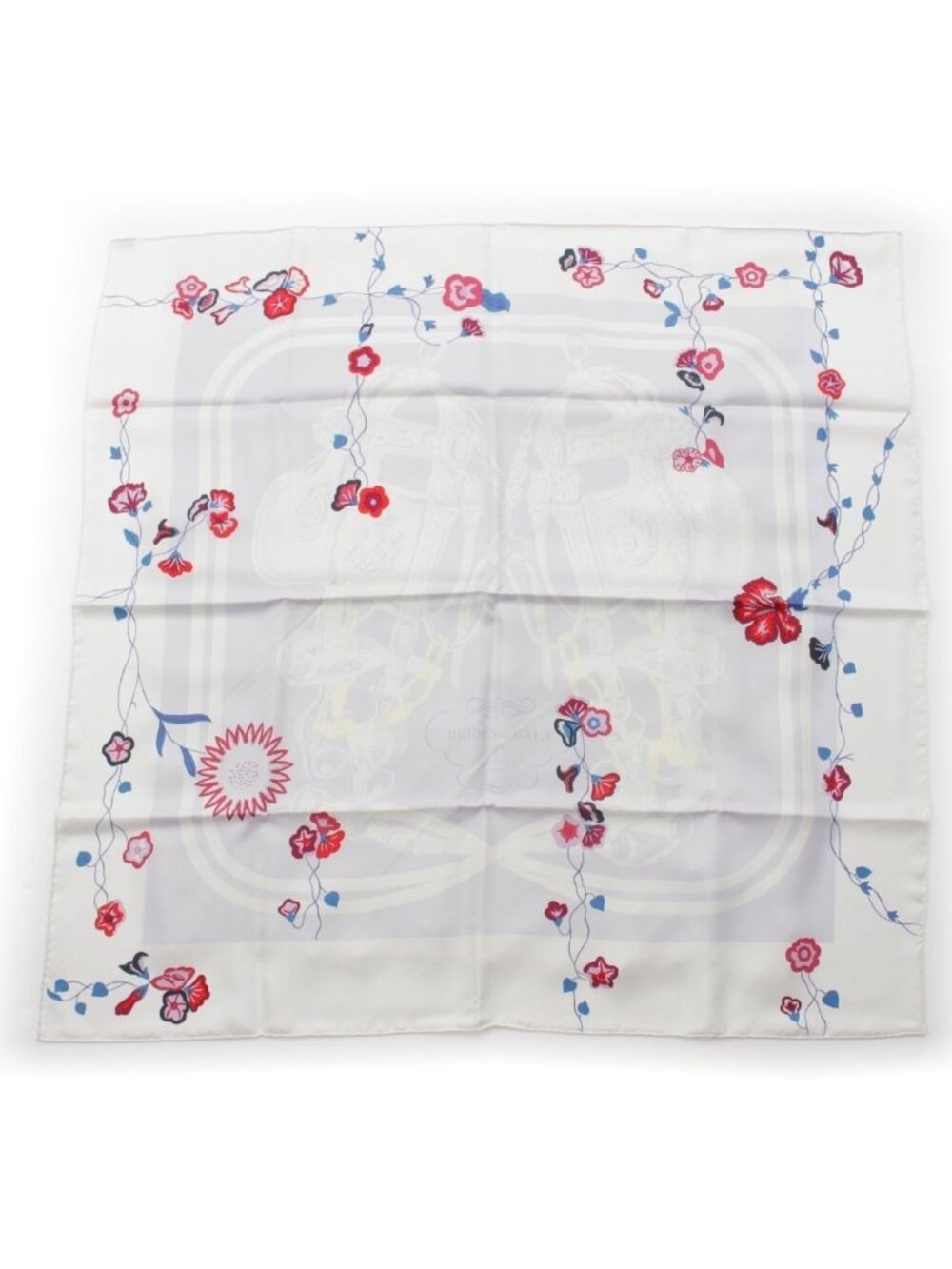 Hermes Carre 90 Brides Fleuries Roulis Silk with Card Scarf White